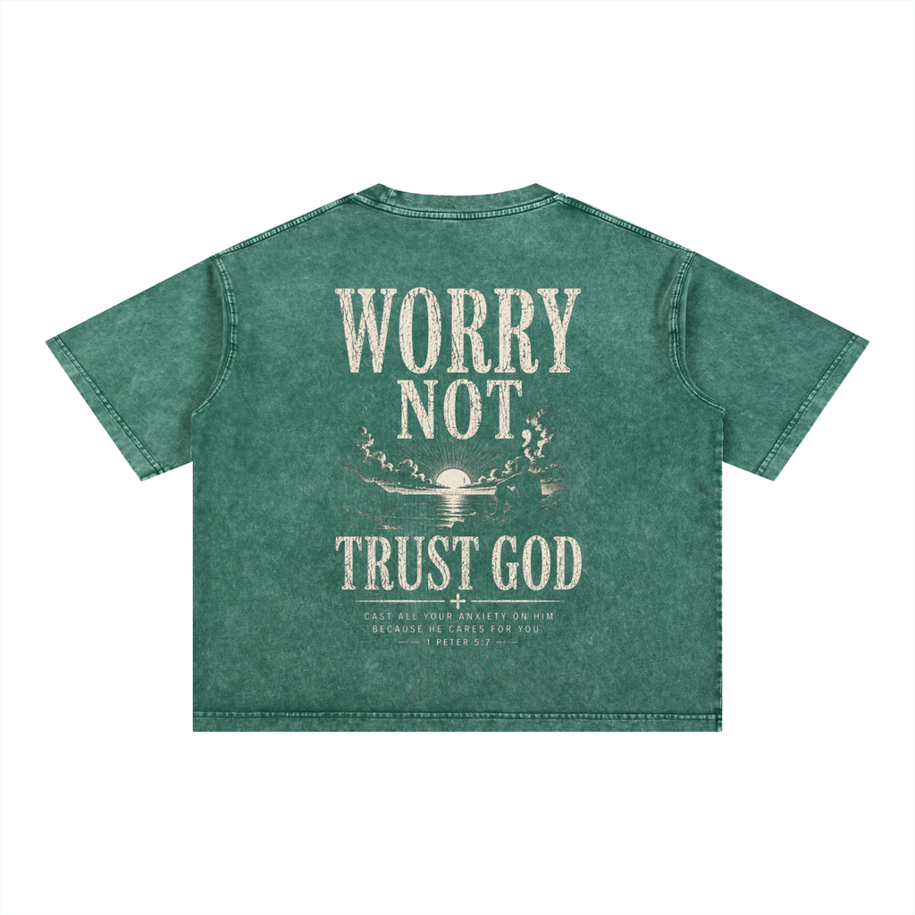 Worry Not, Trust God - Christian Tee - Mineral Wash Boxy Cotton T-Shirt